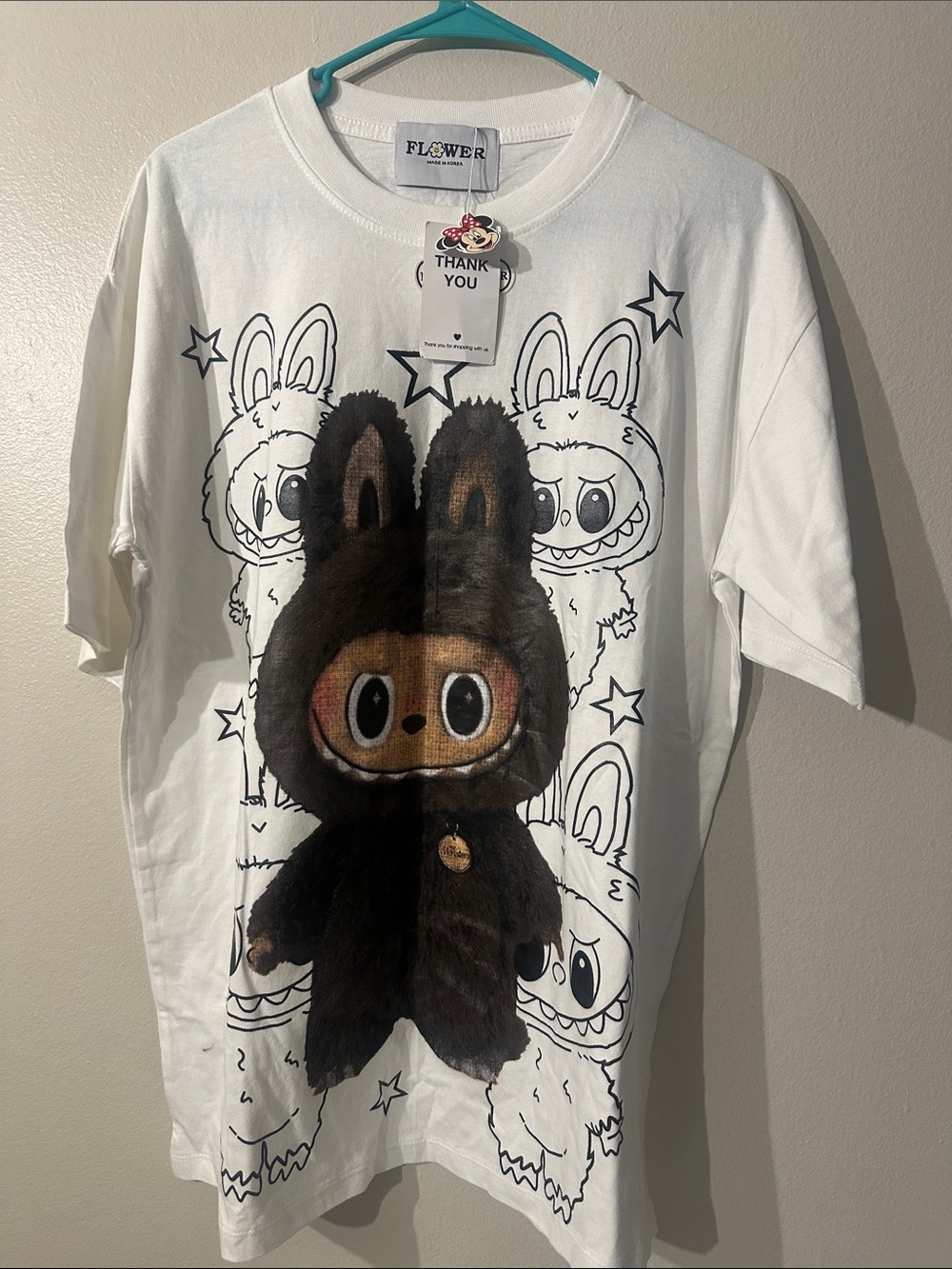 NWT FLOWER Plush Bunny Graphic Tee - White with Brown la bu bu T-shirt Sz